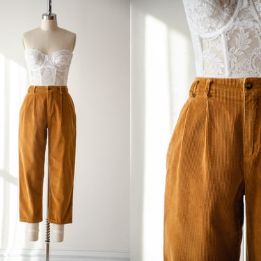 high waisted pants | 80s 90s vintage Liz Claiborne tan mustard yellow corduroy dark academia straight leg cropped ankle trousers 
