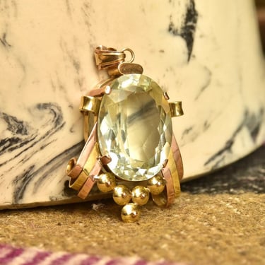 Vintage 18K Yellow & Rose Gold Blue Topaz Pendant, Large Faceted Oval Gemstone, Two-Tone Gold Ribbon Setting, Mid-Century, Art Deco Style 