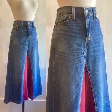 Vintage Denim MAXI Skirt / LEVIS Boho Reworked Jeans + Burgundy/ 90s 511 Levis 29 x 32 