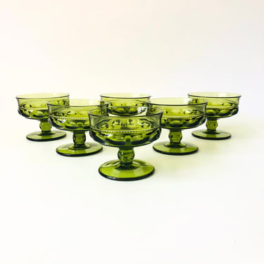 Green Coupes - Kings Crown by Indiana Glass - Set of 6 