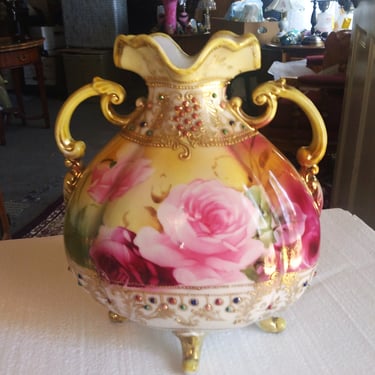 ANTIQUE Nippon Hand Painted Vase, Morimura Roses and Beaded Gold Vase, Home Decor 