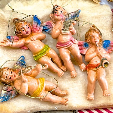 VINTAGE: 4pcs - Italy Small Cherub Angel Ornaments - Hard Plastic Angel - Musician Angels - Christmas - SKU 15-D1-00043704 