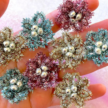 VINTAGE: 6pcs - Mixed Mercury Bead Chenille Flowers - Crafts, Millinery, Corsage, Holiday Decor, Christmas 