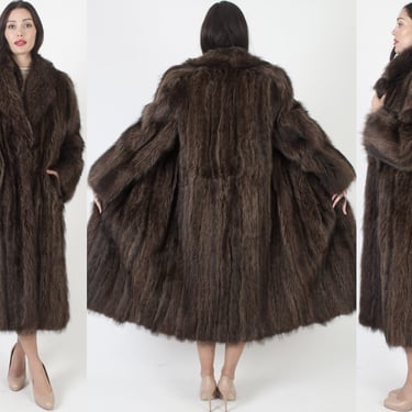 Long Full Length Real Raccoon Fur Jacket, Shaggy Brown Winter Overcoat, Vintage 70s Maxi Outdoors Coat 