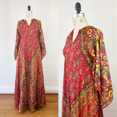 Vintage 1970s Printed Scarf Maxi Red Silk Floral Paisley Block Printed/ 70s Patchwork Caftan Made in India Adini Style Hippie Chic Boho 