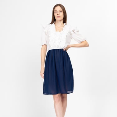 Small 70s White & Navy Blue Ruffle Trim Dress | Vintage Boho Sheer Girly Two Tone Mini Dress 