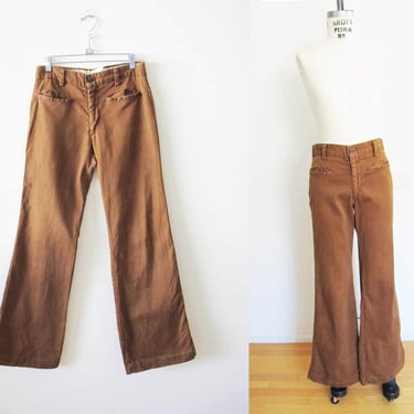 Vintage 60s Brown High Waist Bell Bottoms 28 - 1960s Cotton Twill Wide Leg Trousers - Boho Hippie Style Sailor 