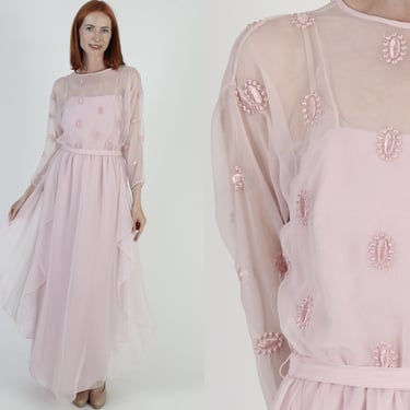 Miss Elliette Blush Pink Chiffon Dress Long Layered Sheer Skirt Embroidered Cocktail Party Host Maxi Dress 