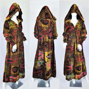 India 1970's Psychedelic Paisley Print Hooded Velvet Maxi Caftan Dress I Sz Med I Nirvana India I Witchy 