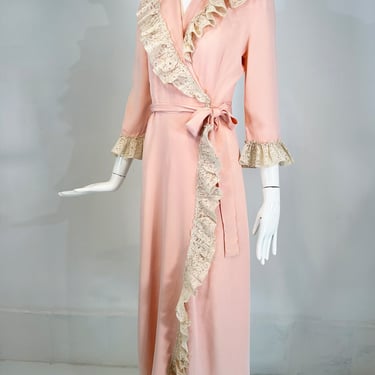1930s-40s Pink Rayon Cream Lace Trimmed Wrap &amp; Tie Robe