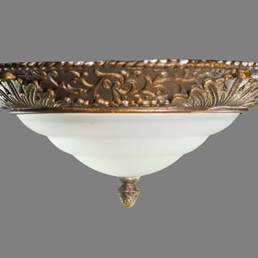 Vintage Solid Brass &#038; Ribbed Glass Flush Mount Light