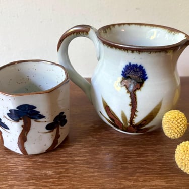 Vintage Ann Fleming Studio Pottery Purple Thistle Flower Pitcher Tea Pourer Coffee Creamer & Brown Speckled Pine Tree Ceramic Cup | Set of 2 