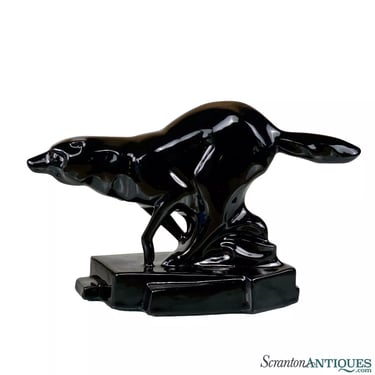 Mid-Century Art Deco Black Porcelain Fox Wolf Figural Sculpture