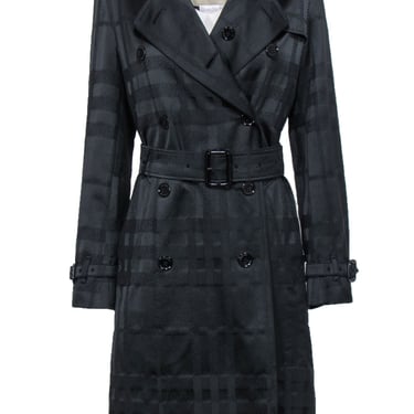 Burberry - Black Plaid Textured Double Breasted Belted Trench Coat Sz 8