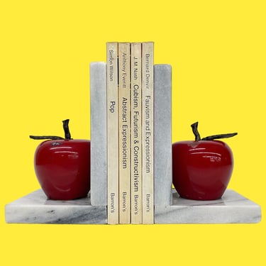 Vintage Albert E. Price Bookends Retro 1970s Mid Century Modern + Red Apples + White Marble + Set of 2 + Book Display/Storage + Fruit Decor 