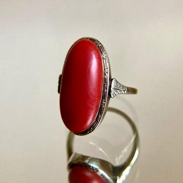 Fine Antique Art Deco 14K Red Coral Yellow Gold Ring Engraved 6.75 6.2g Estate 