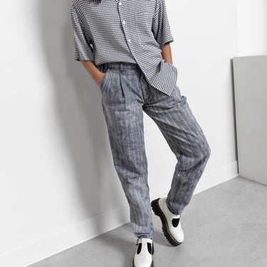 PLEATED DENIM JEANS Grey Faded Distressed Pin Stripe Baggy Boxy Cotton Trousers / 40 Inch Hips  / Size 7 8 