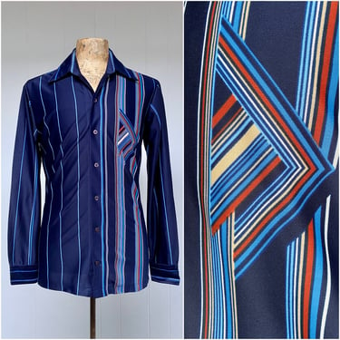 Vintage 1970s Navy Geometric Print Disco Shirt, 70s Long Sleeve Polyester Countess Mara Shirt, Medium 42