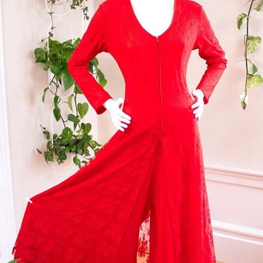 Vintage 1970s Palazzo Jumpsuit | 70s Red Lace Skirt Overlay & Jersey Wide Leg Glam Statement Outfit | large 