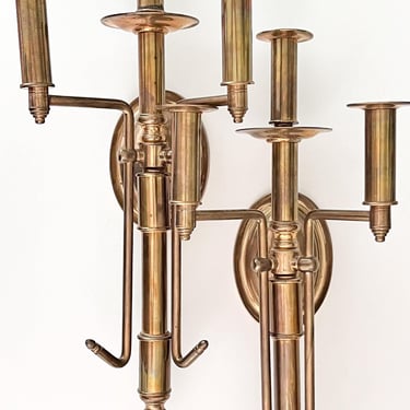 1960s Large Three Arm Brass Wall Sconces. Pair of Matching Brass Taper Candle Sconces for Wall. 