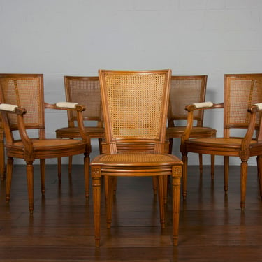 Antique French Louis XVI Style Provincial Oak Cane Dining Chairs - Set of 8 