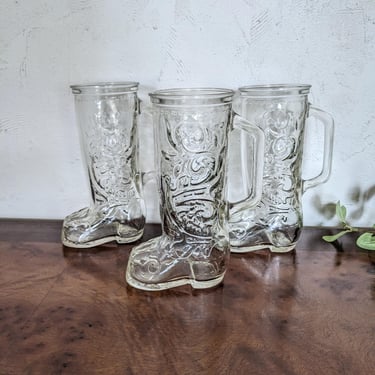 Set of 3 Tall Vintage Glass Cowboy Boot Mugs 