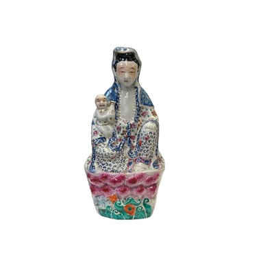 Small Vintage Chinese Multi-Color Porcelain Kwan Yin & Kid Statue ws3395E 