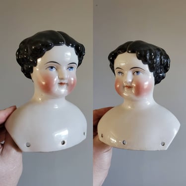 Antique China Doll Head with Flat Top Hairstyle and Part Showing - Large Doll Head 5.5&quot; Tall - Antique German Dolls - Doll Parts 