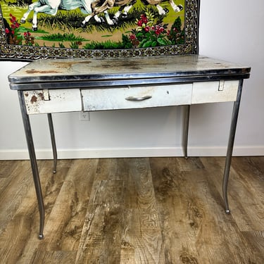 Mid Century 1940s 50s Metal and Chrome Industrial Style Kitchen Table 
