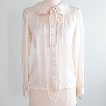 Pristine 1970's Valentino Ivory Silk Blouse With Peter Pan Collar NOS / Small