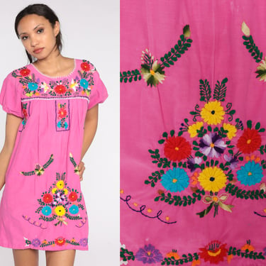 Pink Mexican Dress 90s Rainbow Floral Embroidered Mini Dress Puff Sleeve Boho Cotton Tunic Tent Hippie Festival Summer Vintage 1990s Small S 