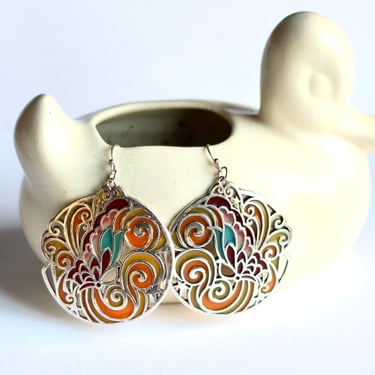 Art Nouveau Plique á Jour Enamel Butterfly Earrings - Large Round Translucent Multi Color Drop Earrings 