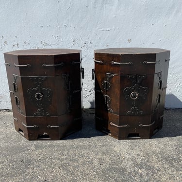 Pair of Antique Tables Cabinets Korean Bedside Side Tables Asian Pagoda Chinoiserie Boho Chic Media Console Storage Brass CUSTOM PAINT Avail 