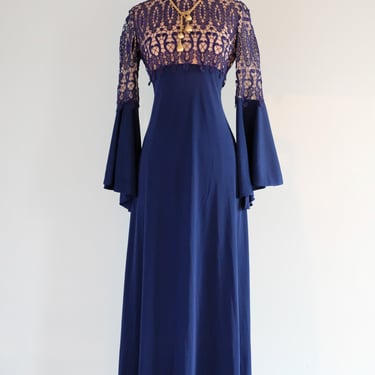 Vintage 1960’s Midnight Navy Illusion Lace Evening Gown by Lilli Diamond / M