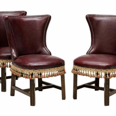 Chairs, Continental Burgundy Leather-LIke, Two, Oak &amp; Tassled Trim, Vintage!