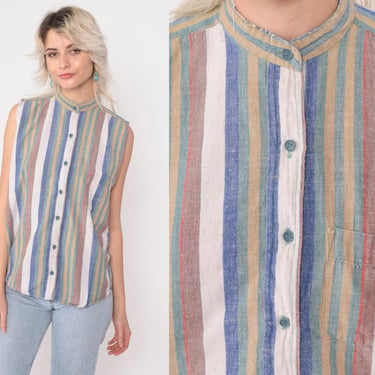 Striped Tank Top 90s Multicolored Sleeveless Button up Shirt Blue White Blouse Retro Stand Up Collar Cotton Linen Vintage 1990s Medium M 