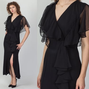 70s Black Flutter Sleeve Maxi Dress - Large | Vintage Minimalist V Neck Slit Dress 