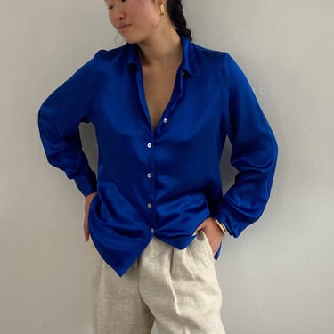 90s silk charmeuse blouse / vintage peacock blue luxe liquid silk charmeuse French cuffs blouse | Large 