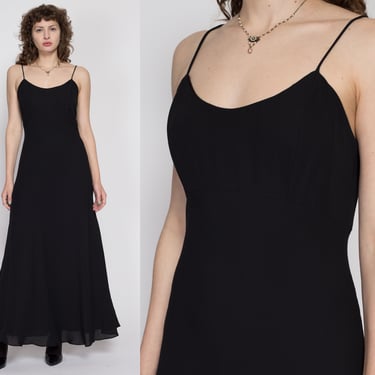 Medium 90s Black Flowy Evening Gown | Vintage Spaghetti Strap Formal Maxi Dress 