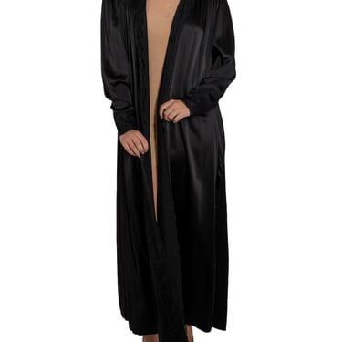 1980s Black Silk Charmeuse & Lace Trimmed Robe 