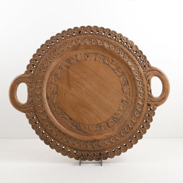Vintage Ornate Carved Wood Tray with Handles, Footed Round Wooden Tray, Wedding Cake Plate 