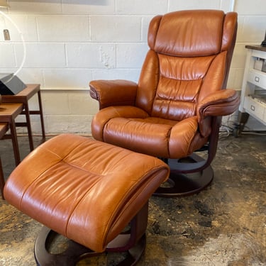 Brown Leather Reclining/Swivel Arm Chair with Ottoman by Lane Furniture