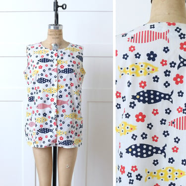 vintage 1960s 70s novelty print smock top • cute sleeveless cotton blouse with roomy pockets 