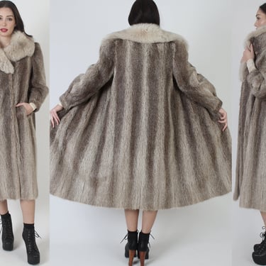 Full Length Beaver Fur Coat, Vintage 80s White Chubby Fox Shawl Collar, Long Heavyweight Winter Jacket, Huge Plush Apres Ski Overcoat 