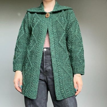Carraig Donn Irish New Wool Cardigan Single Button Green Fisherman Cardigan 