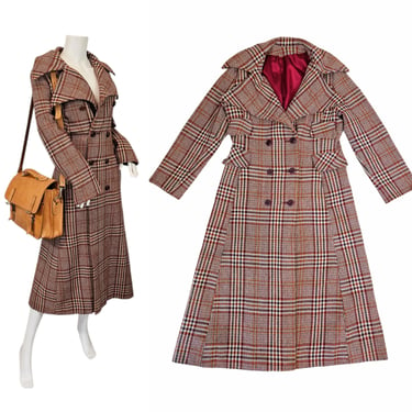 Volup 1970s Double Breasted Burgundy Tan Plaid Trench Coat I Maxi Coat I Sz Lrg 