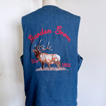 Vintage Mens Denim Vest with embroidery,  Elks Lodge 