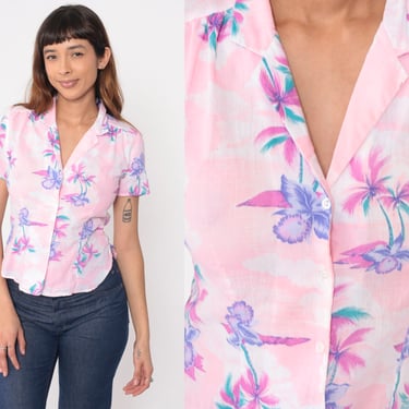 80s Tropical Blouse Baby Pink Hawaiian Shirt Palm Tree Floral Shirt Orchid SURFER Button Up Shirt 1980s Summer Top Beach Sea Small xs s 