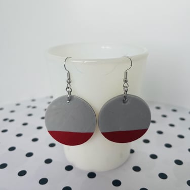 60's/70's Minimalist Chic Faux Leather Clay Dangle Earrings Baby Blue and Maroon Stripe Geometric Round Circle Unique Vintage Inspired 