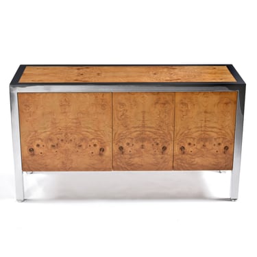 Restored Vintage 1970s Pace Collection Post Modern Burl Wood and Chrome Credenza 